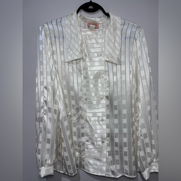White Vintage Satin Blouse with optional bow tie - Picture 4 of 8
